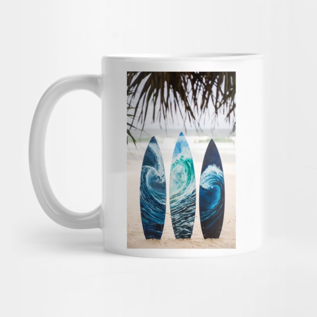 Surf boards with painted ocean waves on the beach with trees by DamiansART